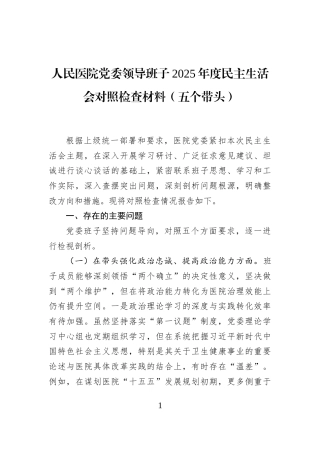人民医院党委领导班子2025年度民主生活会对照检查材料（五个带头）