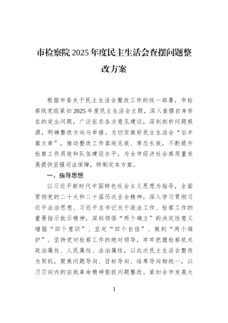 市检察院2025年度民主生活会查摆问题整改方案