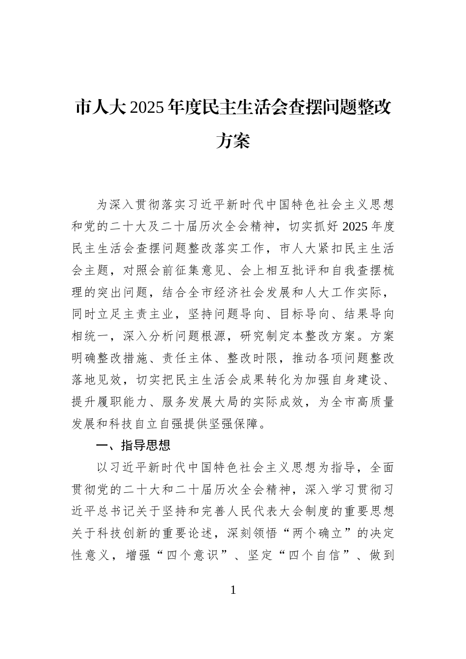市人大2025年度民主生活会查摆问题整改方案_第1页