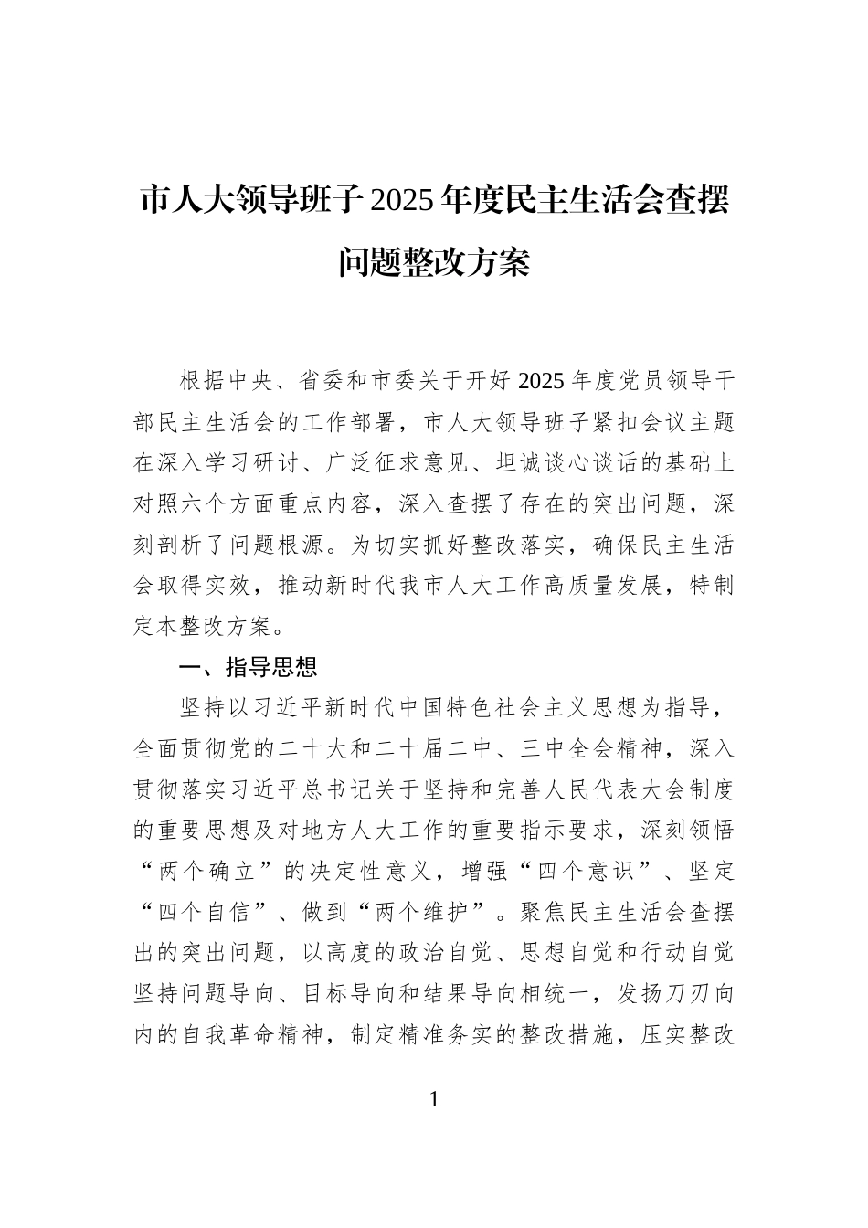 市人大领导班子2025年度民主生活会查摆问题整改方案_第1页