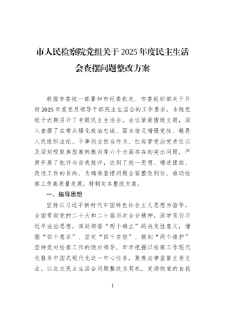 市人民检察院党组关于2025年度民主生活会查摆问题整改方案