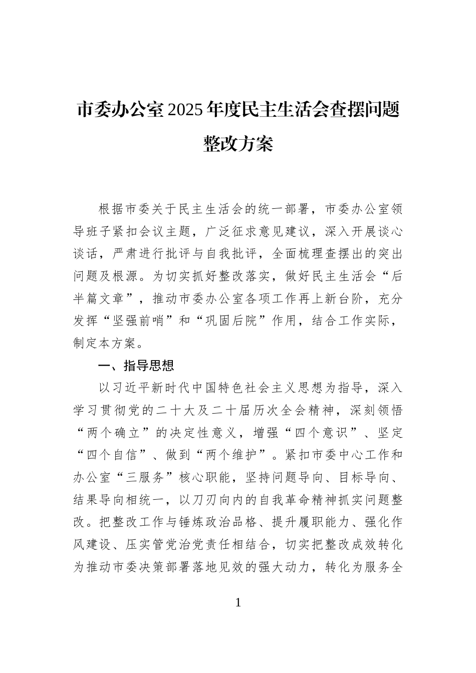 市委办公室2025年度民主生活会查摆问题整改方案_第1页