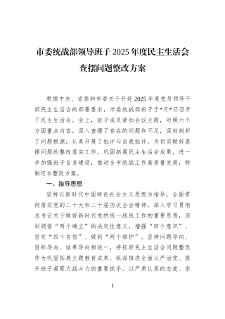 市委统战部领导班子2025年度民主生活会查摆问题整改方案