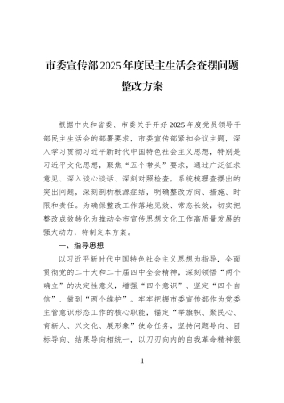 市委宣传部2025年度民主生活会查摆问题整改方案