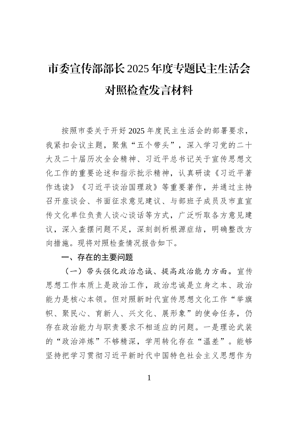 市委宣传部部长2025年度专题民主生活会对照检查发言材料_第1页