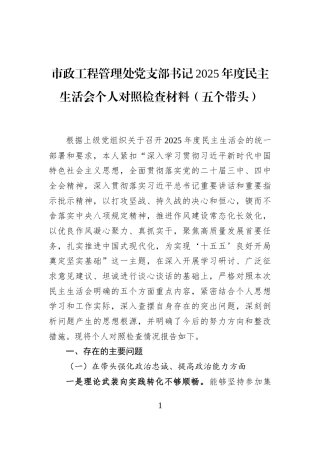 市政工程管理处党支部书记2025年度民主生活会个人对照检查材料（五个带头）
