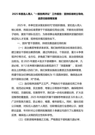 2025年度选人用人“一报告两评议”工作报告：坚持标准树立导向，选贤任能保障发展