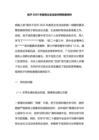 班子2025年度民主生活会对照检查材料