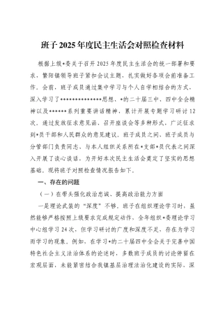班子2025年度民主生活会对照检查材料(含案例剖析）