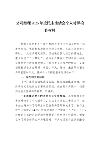 公司经理2025年度民主生活会个人对照检查材料