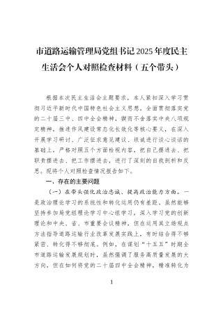 市道路运输管理局党组书记2025年度民主生活会个人对照检查材料（五个带头）