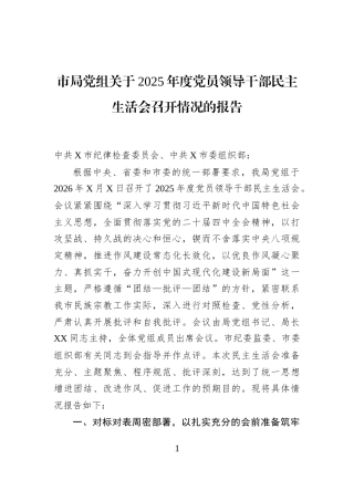 市局党组关于2025年度党员领导干部民主生活会召开情况的报告
