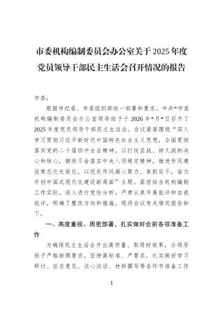 市委机构编制委员会办公室关于2025年度党员领导干部民主生活会召开情况的报告