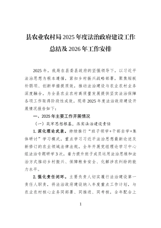 县农业农村局2025年度法治政府建设工作总结及2026年工作安排