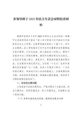乡领导班子2025年民主生活会对照检查材料