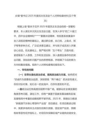 乡镇书记2025年度民主生活会个人对照检查材料(五个带头)