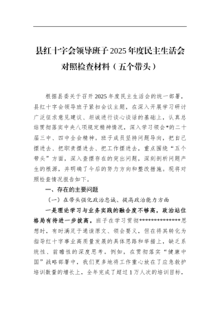 县红十字会领导班子2025年度民主生活会对照检查材料（五个带头）
