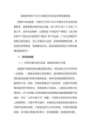 县委领导班子2025年度民主生活会对照检查报告