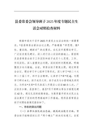 县委常委会领导班子2025年度专题民主生活会对照检查材料