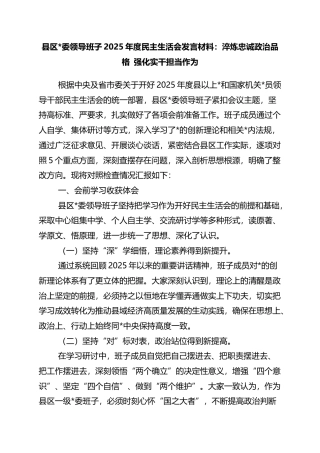 县区领导班子2025年度民主生活会发言材料：淬炼忠诚政治品格+强化实干担当作为