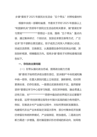 乡镇班子2025年度民主生活会“五个带头”对照检查材料