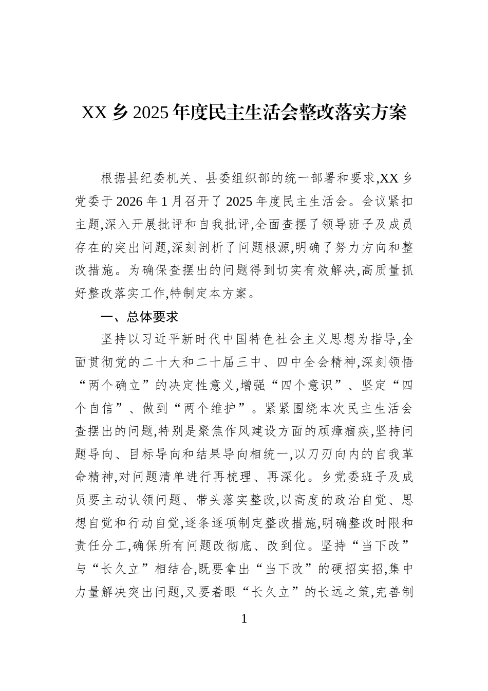XX乡2025年度民主生活会整改落实方案_第1页