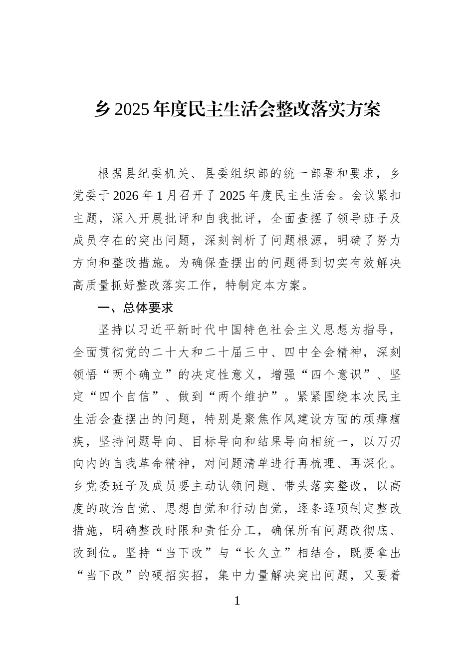 乡2025年度民主生活会整改落实方案_第1页