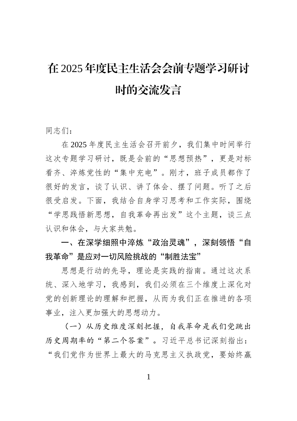 在2025年度民主生活会会前专题学习研讨时的交流发言_第1页