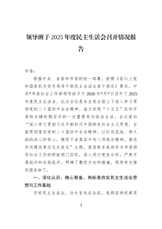 领导班子2025年度民主生活会召开情况报告