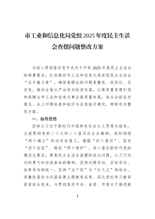 市工业和信息化局党组2025年度民主生活会查摆问题整改方案