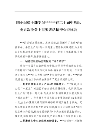 国企纪检干部学习党党在二十届中央纪委五次全会上重要讲话精神心得体会