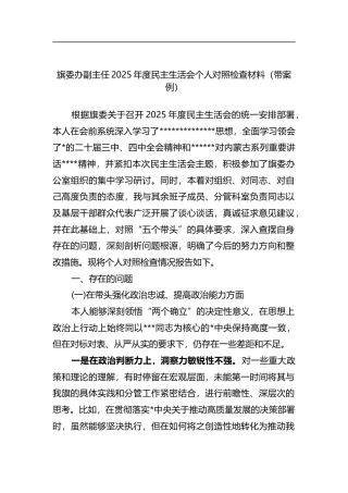 旗委办副主任2025年度民主生活会个人对照检查材料（带案例）
