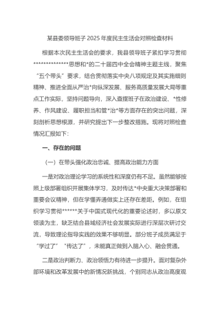 县委领导班子2025年度民主生活会对照检查材料