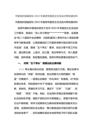 市委组织部副部长2025年度部专题民主生活会对照检查材料