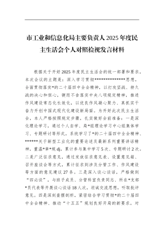 市工业和信息化局主要负责人2025年度民主生活会个人对照检视发言材料