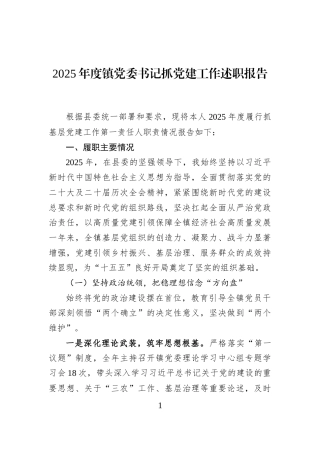 2025年度镇党委书记抓党建工作述职报告