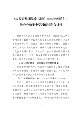 XX投资集团党委书记在2025年度民主生活会会前集中学习研讨发言材料