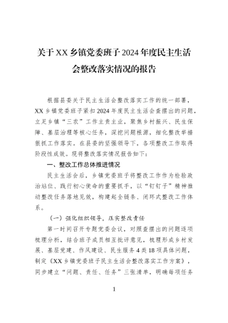 关于XX乡镇党委班子2024年度民主生活会整改落实情况的报告