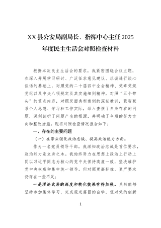XX县公安局副局长、指挥中心主任2025年度民主生活会对照检查材料