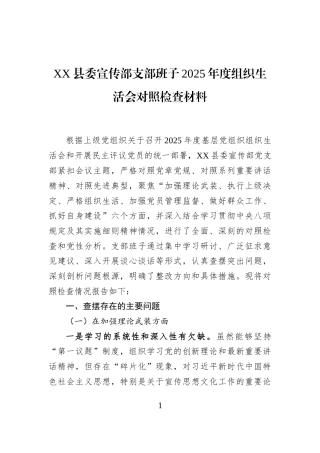 XX县委宣传部支部班子2025年度组织生活会对照检查材料