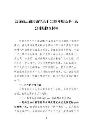 县交通运输局领导班子2025年度民主生活会对照检查材料