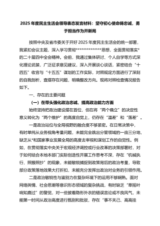 2025年度民主生活会领导表态发言材料：坚守初心使命铸忠诚，勇于担当作为开新局