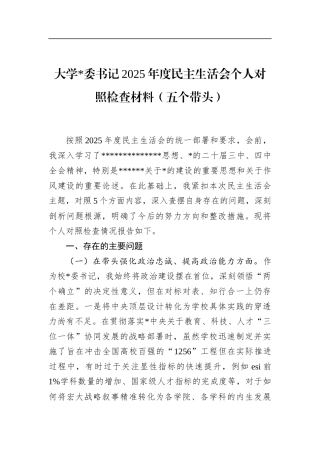 大学书记2025年度民主生活会个人对照检查材料（五个带头）