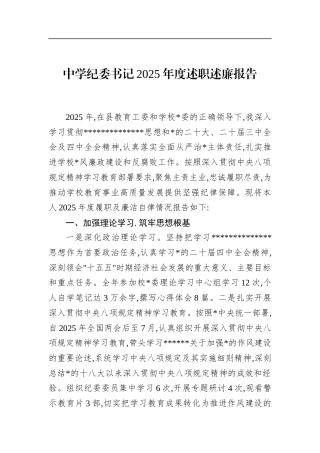 中学纪委书记2025年度述职述廉报告