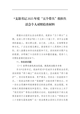 支部书记2025年度“五个带头”组织生活会个人对照检查材料