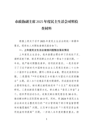 市政协副主席2025年度民主生活会对照检查材料