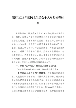 银行2025年度民主生活会个人对照检查材料