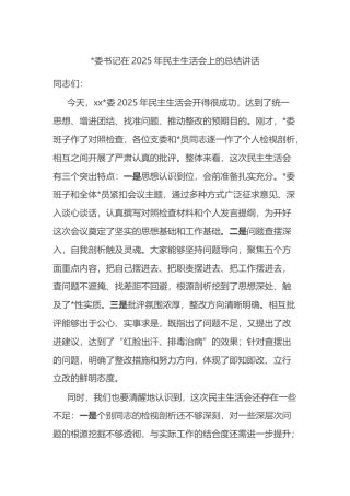 书记在2025年民主生活会上的总结讲话