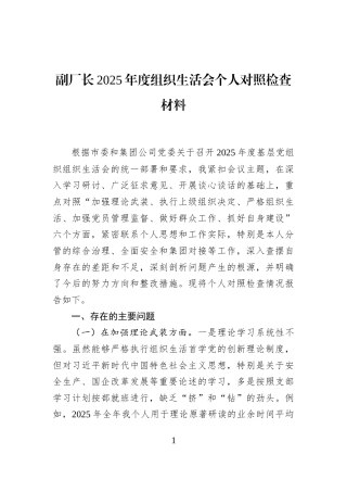 副厂长2025年度组织生活会个人对照检查材料