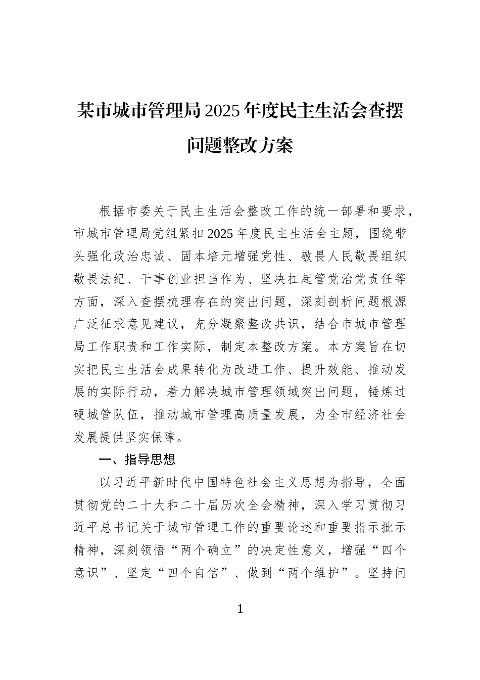 某市城市管理局2025年度民主生活会查摆问题整改方案_第1页